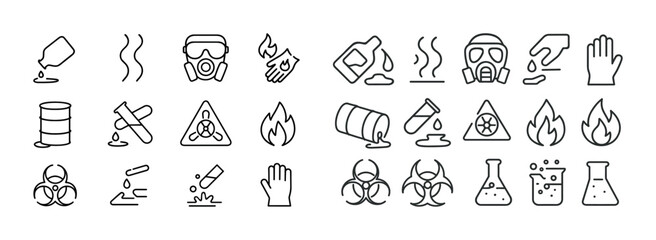 Hazard symbols and safety icons: toxic, corrosive, biohazard, fl
