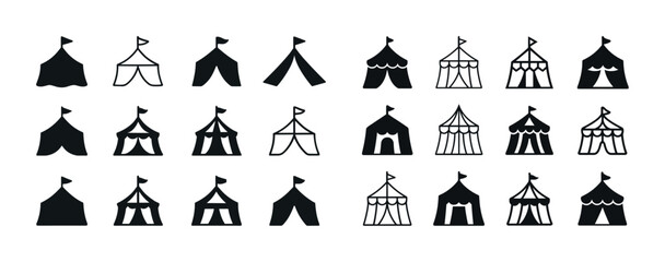 Collection of various circus tent icons with flags in black and