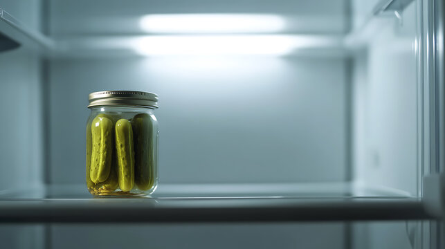 A jar of pickled cucumbers sits alone on a shelf inside a refrigerator. The light inside the fridge illuminates the jar. Pickles are submerged in brine.