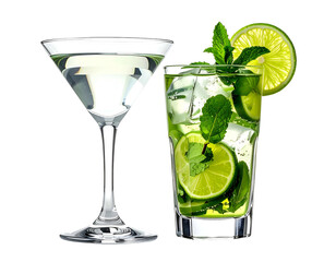 Two refreshing cocktails, one clear, one green, on black