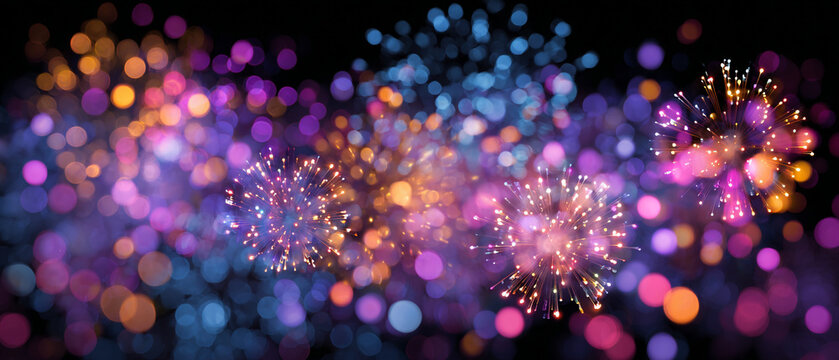 Abstract Fireworks and Light Particles Background with Soft Bokeh in Purple and Orange
