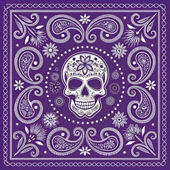 Vibrant purple bandana with sugar skull design and floral patterns