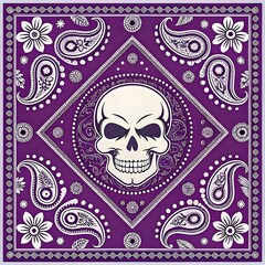 Vibrant purple bandana with white skull and paisley design