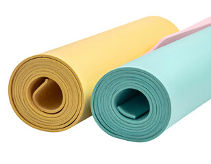 Two rolled, soft exercise mats, one yellow, one light blue