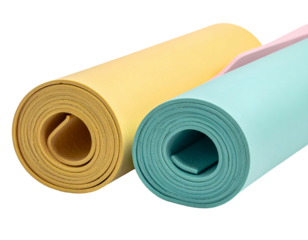 Two rolled, soft exercise mats, one yellow, one light blue
