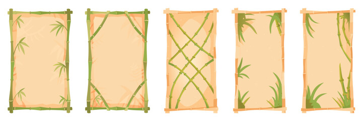 Bamboo UI panels with parchment paper, tropical style, clean vector art