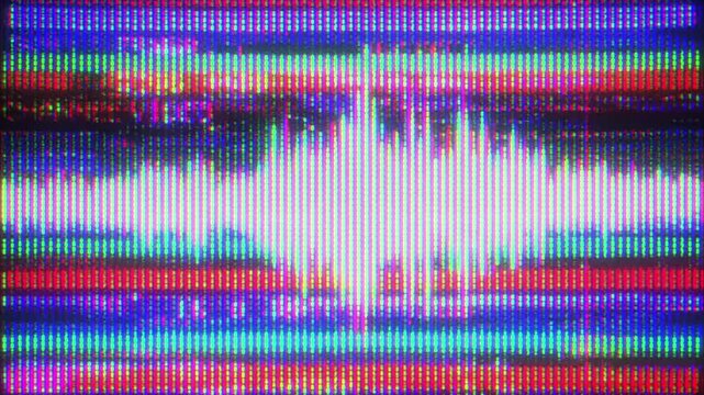 4K CRT glitch waveform screen animation, analog audio signal visualization with heavy RGB scanlines and noise, corrupted broadcast style interference overlay, visual effect layer motion design