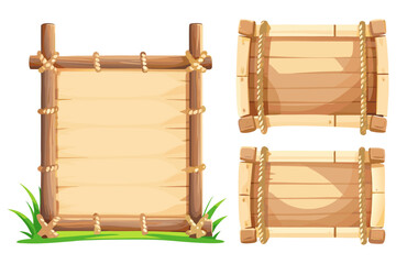 Cartoon-style wooden signboards made from bamboo sticks and planks, tied with rope, tropical jungle theme, green grass at the base,  flat vector illustration, game UI asset.