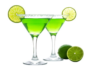 Two vibrant green martinis with lime wedges, salt rims