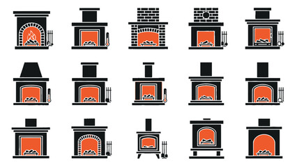 Various fireplaces with fire burning inside for home heating