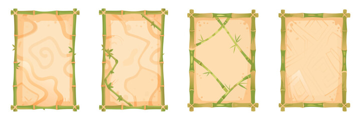  bamboo frames, green bamboo sticks, paper texture, flat cartoon style