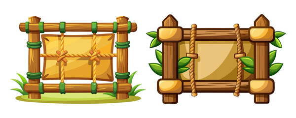 Game UI bamboo panels with rope knots, soft shading, cartoon style