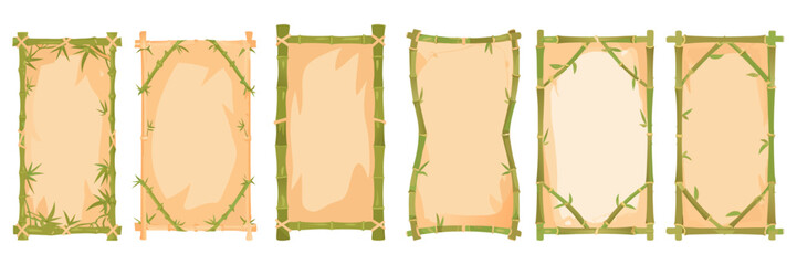 Hand-drawn bamboo panels with parchment centers, minimal vector art