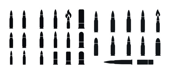 Variety of bullet and ammunition silhouettes set on white backgr