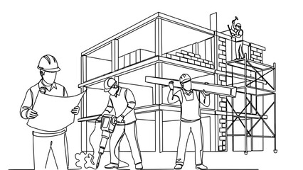 Construction workers building a house with scaffolding and tools