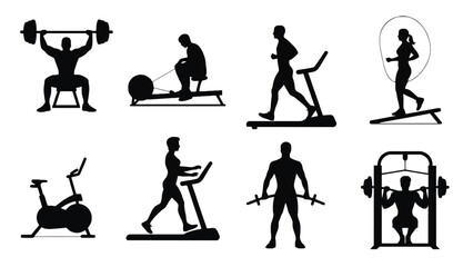 People exercising with various gym equipment in silhouettes