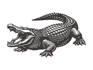 Fototapeta premium Menacing crocodile with open jaws in a textured woodcut illustration.