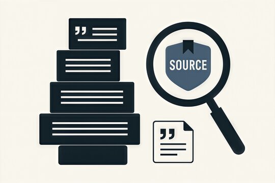 Analyzing information sources with magnifying glass on document stacks showcasing quoted text and secure sourcing strategies emphasizing knowledge integrity and research accuracy