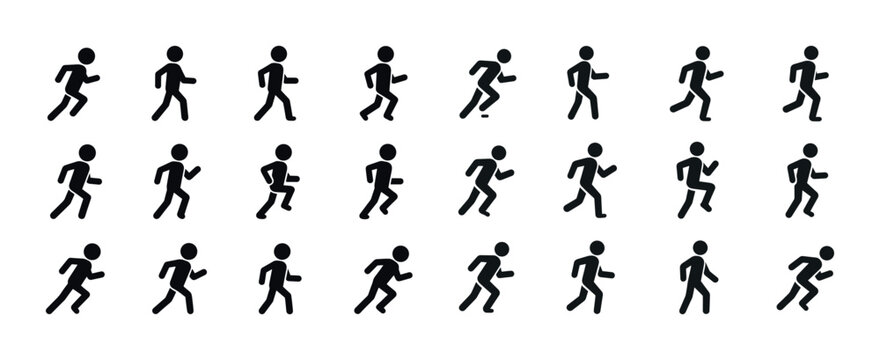 Set of diverse walking and running stick figure icons in motion