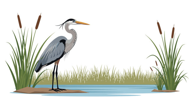 A graceful great blue heron standing elegantly in shallow water amidst tall green reeds, reflecting a peaceful wetland environment and its natural habitat.