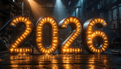Glowing numbers in a dark industrial factory with spotlights year numeral
