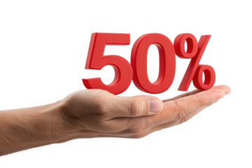 Hand holding red 50 percent sign isolated on transparent background