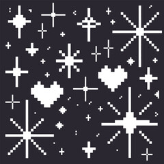 Obraz premium A nostalgic digital art background featuring pixelated stars, sparkles, and hearts in a retro 8-bit style
