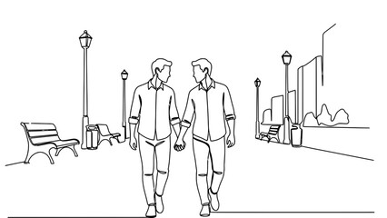 Loving gay couple walking hand in hand through city