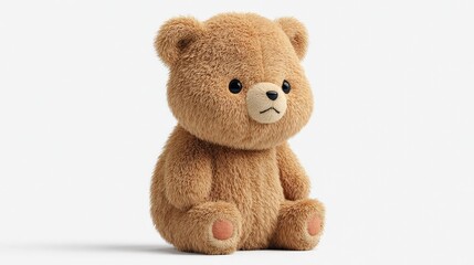 Fototapeta premium Fluffy brown stuffed toy animal sits facing forward against a white background