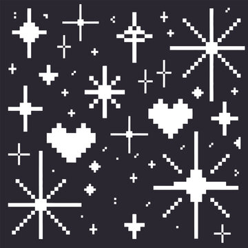 A nostalgic digital art background featuring pixelated stars, sparkles, and hearts in a retro 8-bit style