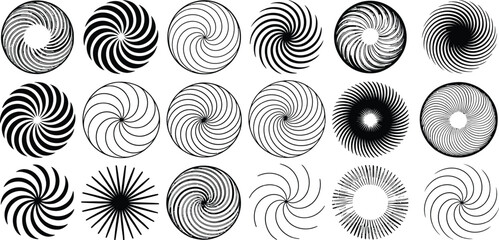 Collection of Black and White Vector Spiral Icons with Various Patterns and Designs for Graphic Use