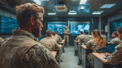 Military personnel attending tactical training briefing in modern command classroom