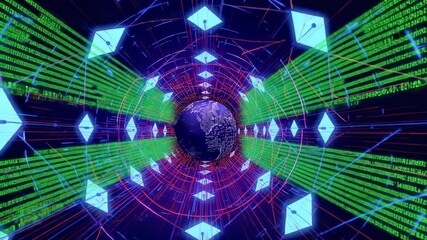 Digital tunnel with a glowing Earth at the center surrounded by green binary code and blue diamond shapes - Powered by Adobe