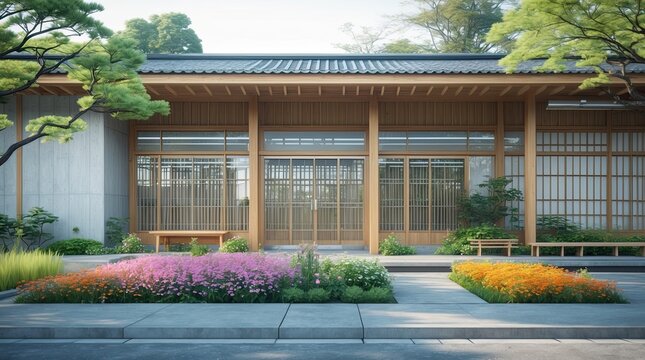 Modern Japanese Community Building with Spring Garden and Cherry Blossoms