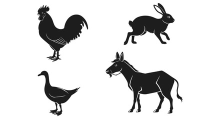 Black silhouettes of rooster, rabbit, goose, and donkey on white