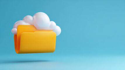 Cloud data storage concept with a folder icon and fluffy clouds in the sky