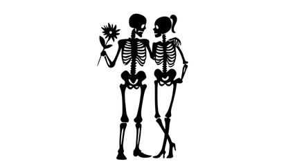 Loving skeleton couple embracing with flower on white background