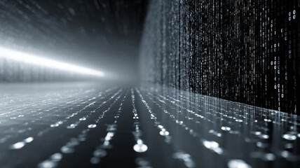 A digital abstract futuristic matrix of binary code data streams moving towards the light. The scene depicts the concept of the internet, computing, or data processing