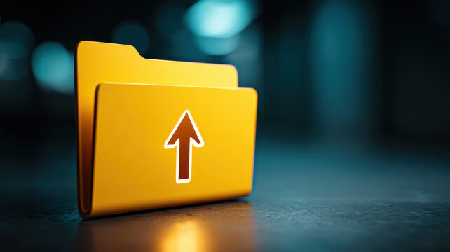 Upload icon on a yellow folder with an arrow - Powered by Adobe