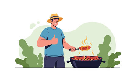 A smiling man in a hat grilling delicious sausages on a barbecue, giving a cheerful thumbs-up in an outdoor setting.