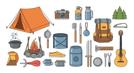 A diverse collection of camping and outdoor equipment, featuring a tent, campfire, backpack, cooking utensils, and a guitar for adventure.