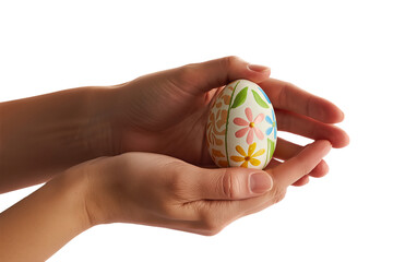 Close-up of a person's hands gently holding a beautifully decorated Easter egg with colorful floral patterns on a white background.
