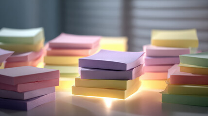 Piles of colorful sticky notes arranged neatly on a surface, each stack in a different hue. The varying shades and arrangements make it an interesting image. 