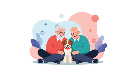 Two happy elderly men sitting on the ground with a small, adorable dog, surrounded by abstract shapes and paw prints.
