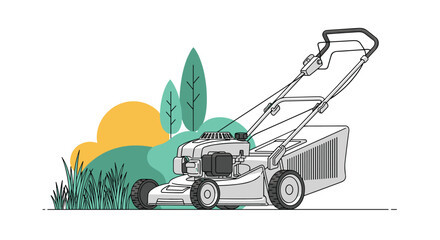 A modern lawn mower standing on a strip of freshly cut grass, with abstract green and yellow shapes in the background.