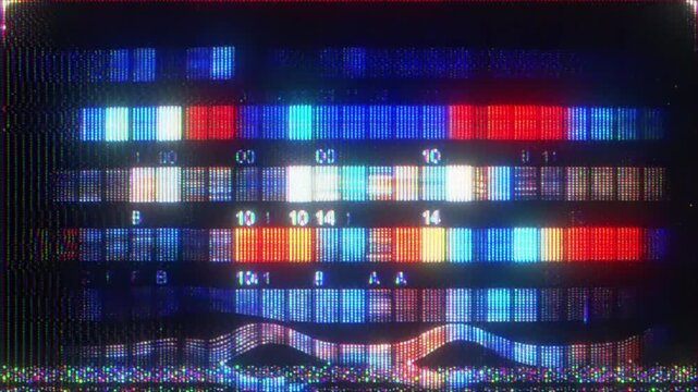 4K CRT color calibration screen animation, digital test pattern with numeric scale and RGB blocks, broadcast signal monitoring interface, reusable display overlay visual effect layer for motion design