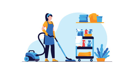 A diligent cleaner vacuuming a pristine floor, surrounded by essential cleaning supplies on a cart and neatly folded towels.