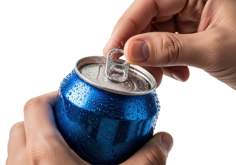adult hands gripping a frosty cobalt blue aluminum can, pulling the tab in an ultra close-up macro shot, vapor mist erupting on a high-key transparent background. concept for beverage advertising