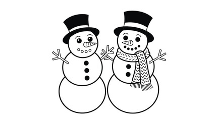 Two cheerful snowmen wearing hats and scarf in winter