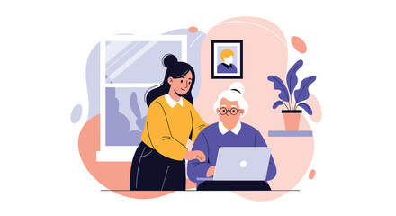 A caring young woman assisting an elderly woman with using a laptop, symbolizing intergenerational support and digital learning.